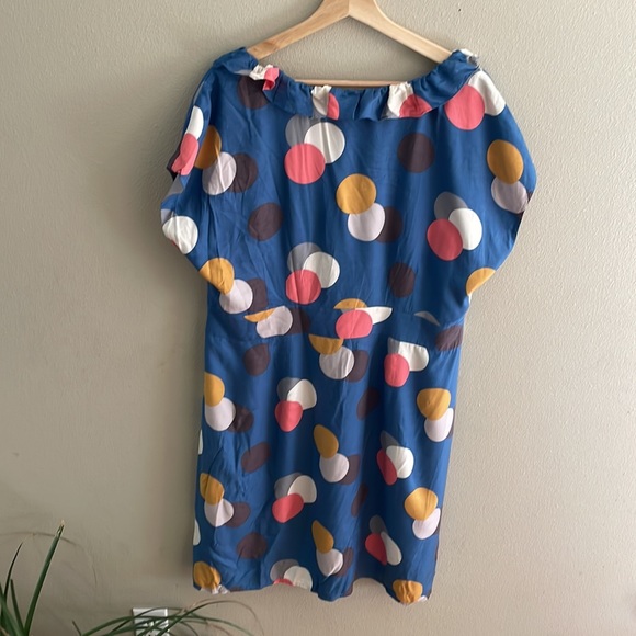 Boden Blue Polka Dot Silk Blend Short Sleeve Dress With Neck Ruffle Size U.S. 14 - Picture 4 of 11